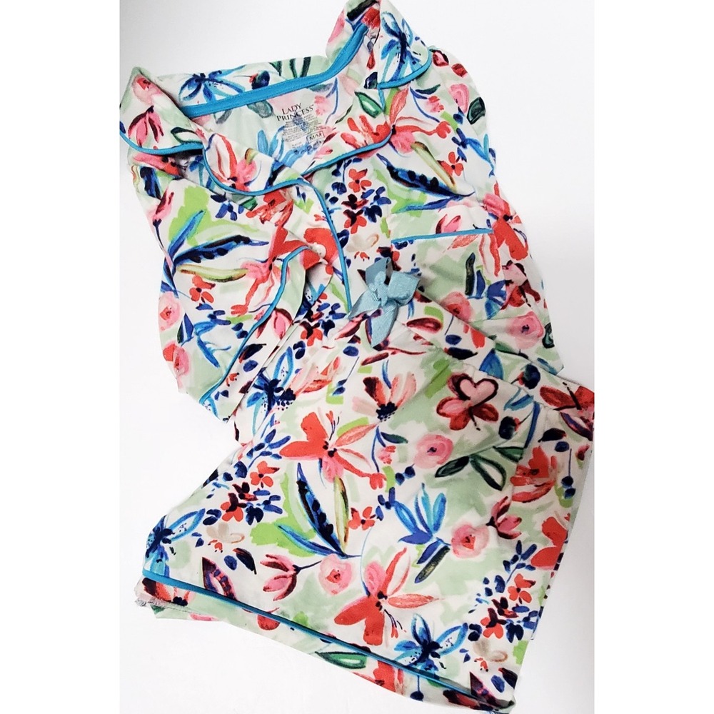 Lady Princess M Floral Pajama 2 PC Set Button Down Top & Shorts White/Coral/Aqua